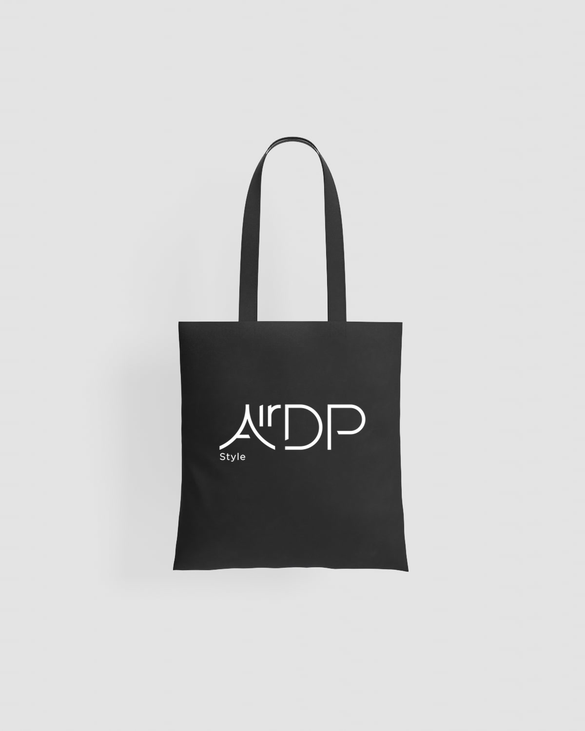 Black tote bag with white logo