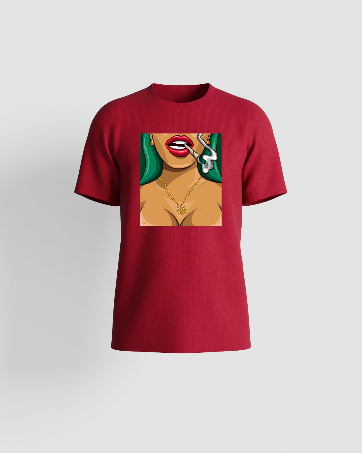 T-shirt with green-haired cartoon woman smoking weed 0
